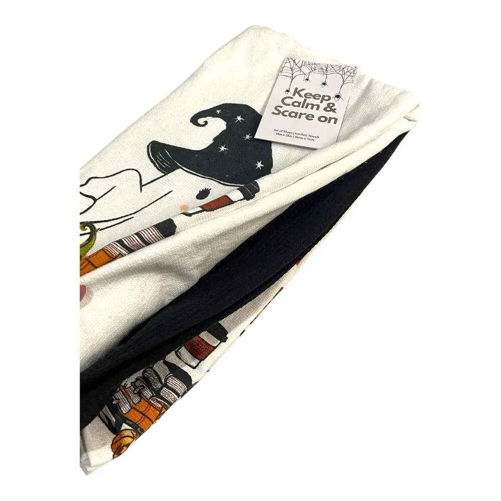 Mireille Halloween Kitchen Towels (3) Handmade Cotton Ghosts w Books & Pumpkins